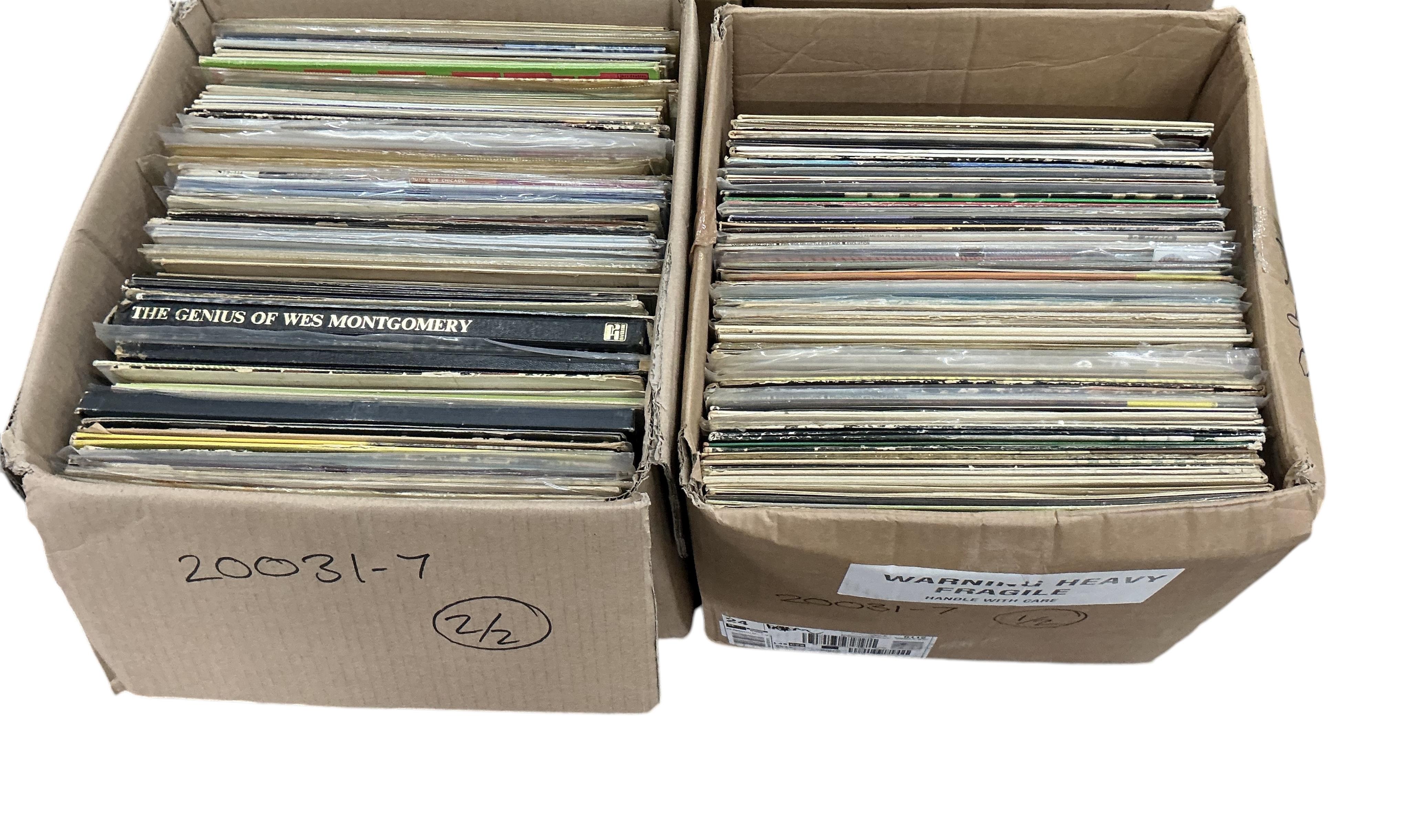 Two boxes of jazz LP record albums, artist including; Jack Montrose Sextet, Gerry Mulligan Quartet, Wes Montgomery, Eartha Kitt, Art Pepper, Bud Shank Quartet, Gil Fuller, Duke Ellington, etc.